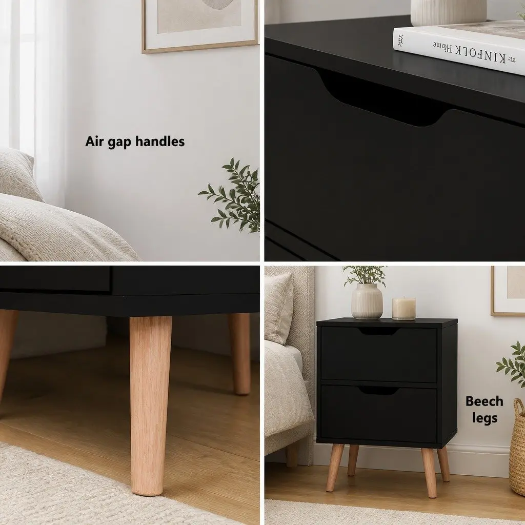 Bedside Table Particle Board 40cm x 30cm x 50cm Black with 2 Drawers