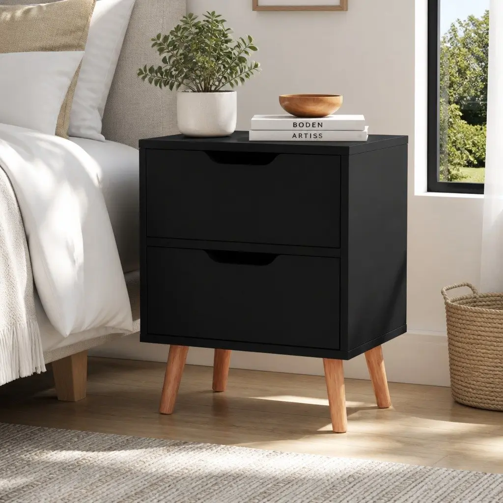 Bedside Table Particle Board 40cm x 30cm x 50cm Black with 2 Drawers