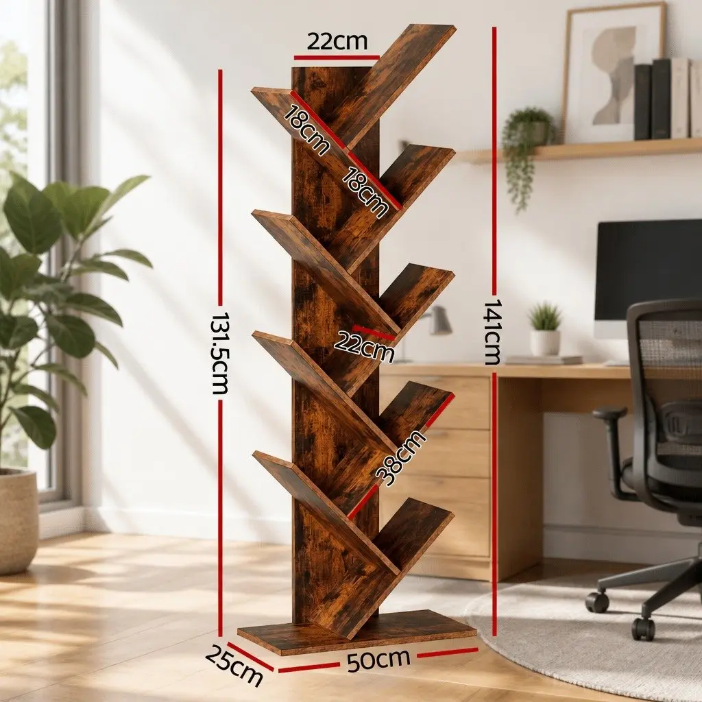 Tree Bookshelf Freestanding 9 Tier Brown Compact Storage Display Stand