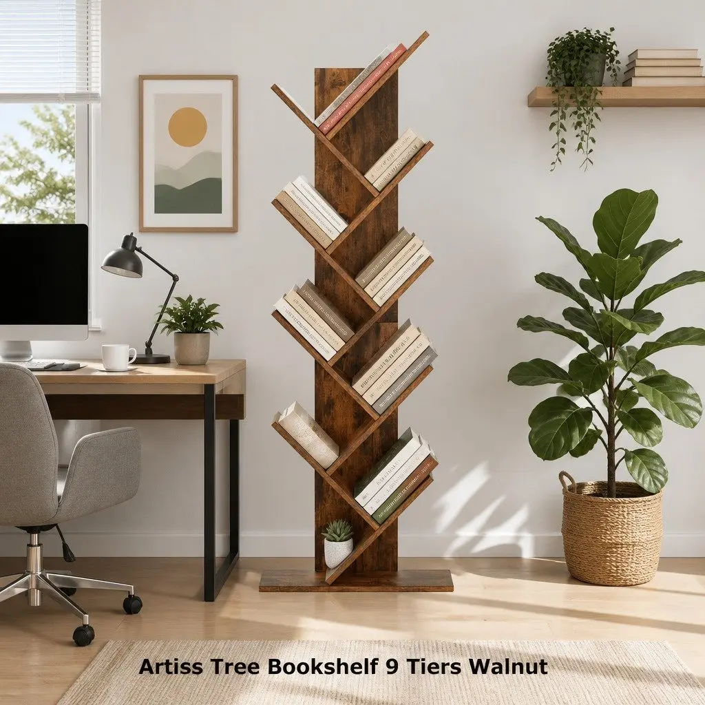 Tree Bookshelf Freestanding 9 Tier Brown Compact Storage Display Stand