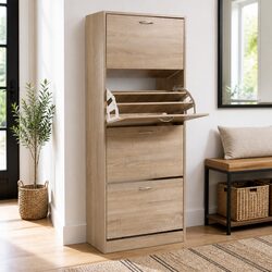 Shoe Rack Cabinet 4 Doors Storage Organiser 60 Pairs Adjustable Shelves Wood