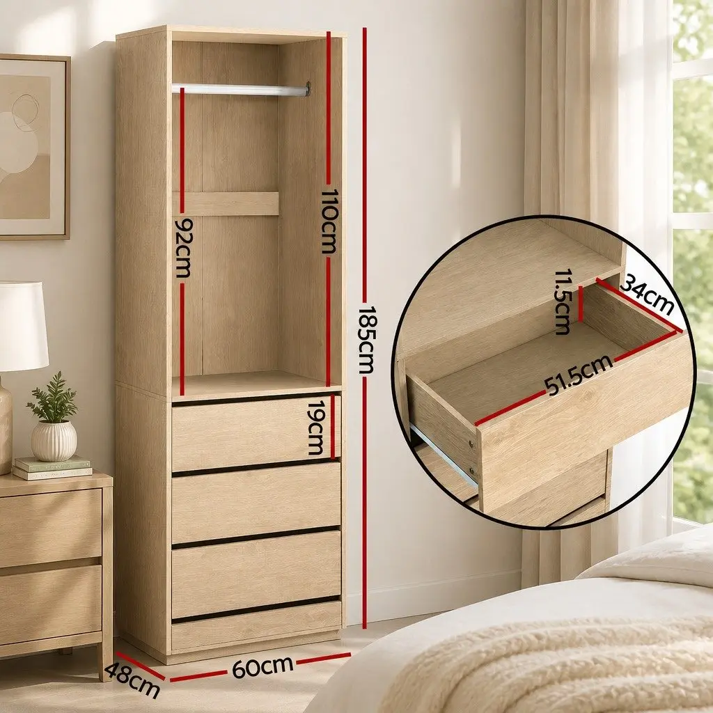 Wardrobe Storage Organizer Metal Hanging Rail 3 Drawers Pine 60 x 48 x 185cm