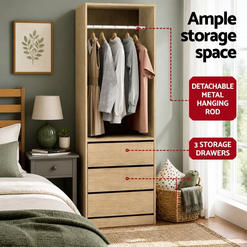 Wardrobe Storage Organizer Metal Hanging Rail 3 Drawers Pine 60 x 48 x 185cm