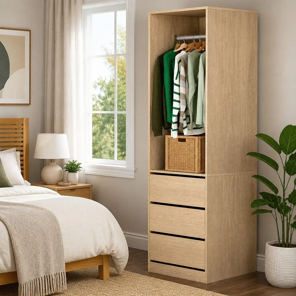 Wardrobe Storage Organizer Metal Hanging Rail 3 Drawers Pine 60 x 48 x 185cm