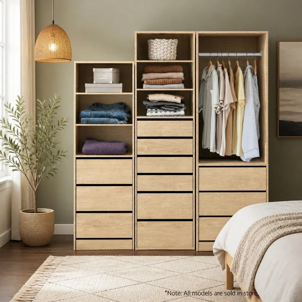 Wardrobe Storage Organizer Metal Hanging Rail 3 Drawers Pine 60 x 48 x 185cm