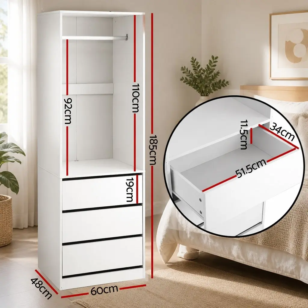 Wardrobe Storage Organizer Particle Board 60x48x185cm White with 3 Drawers and Metal Hanging Rail