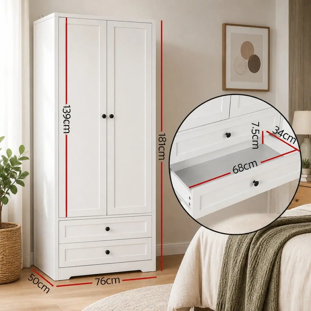 Wardrobe Storage Organizer 2 Doors 2 Drawers 76cm x 50cm x 181cm White