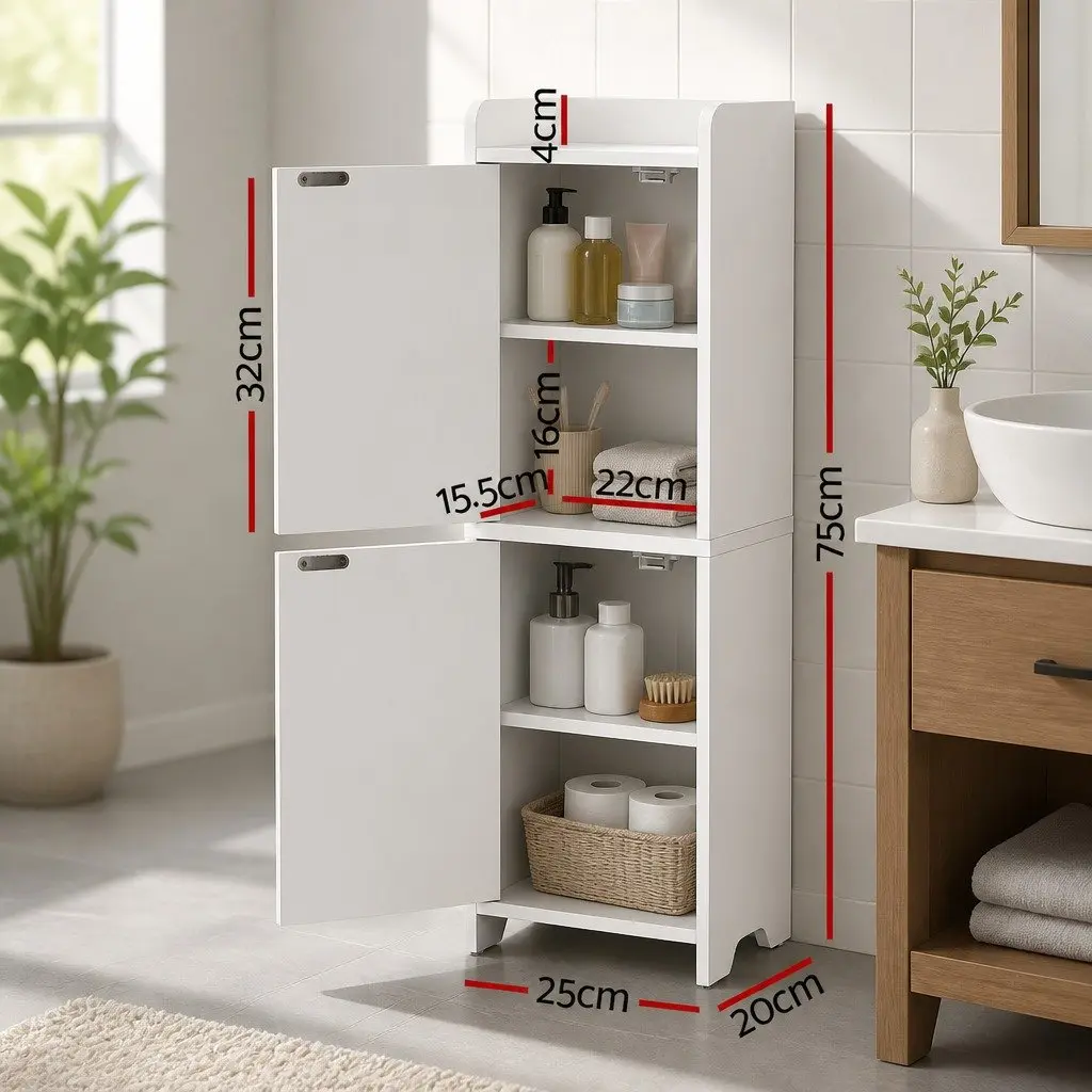Bathroom Storage Cabinet Slim Particle Board MDF 2-Tier Adjustable Shelves White