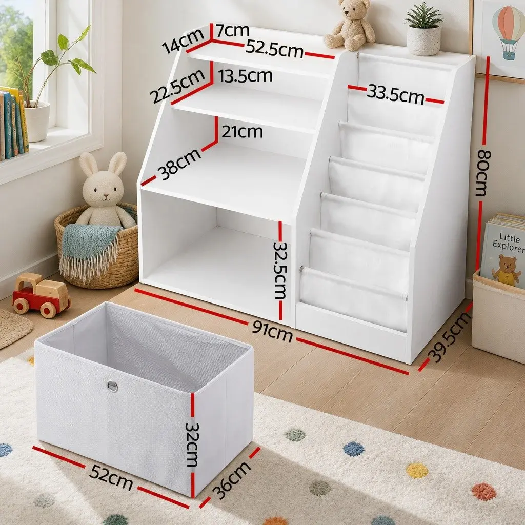 Kids Bookshelf Storage Organizer Fabric Sling Pouches Open Shelves Removable Drawer White
