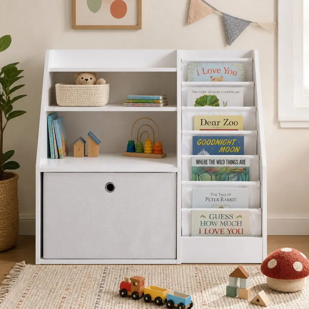 Kids Bookshelf Storage Organizer Fabric Sling Pouches Open Shelves Removable Drawer White