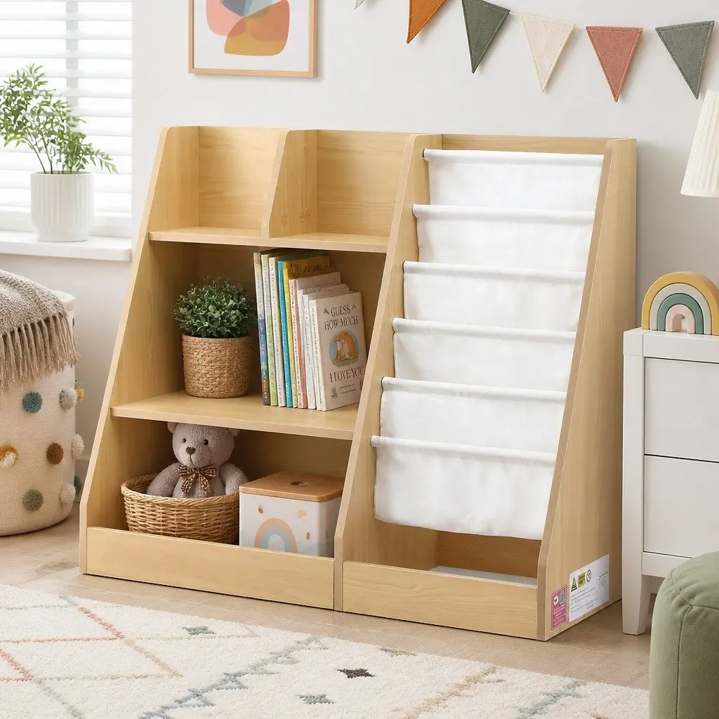 Kids Bookshelf with Sling Pouches and Shelves