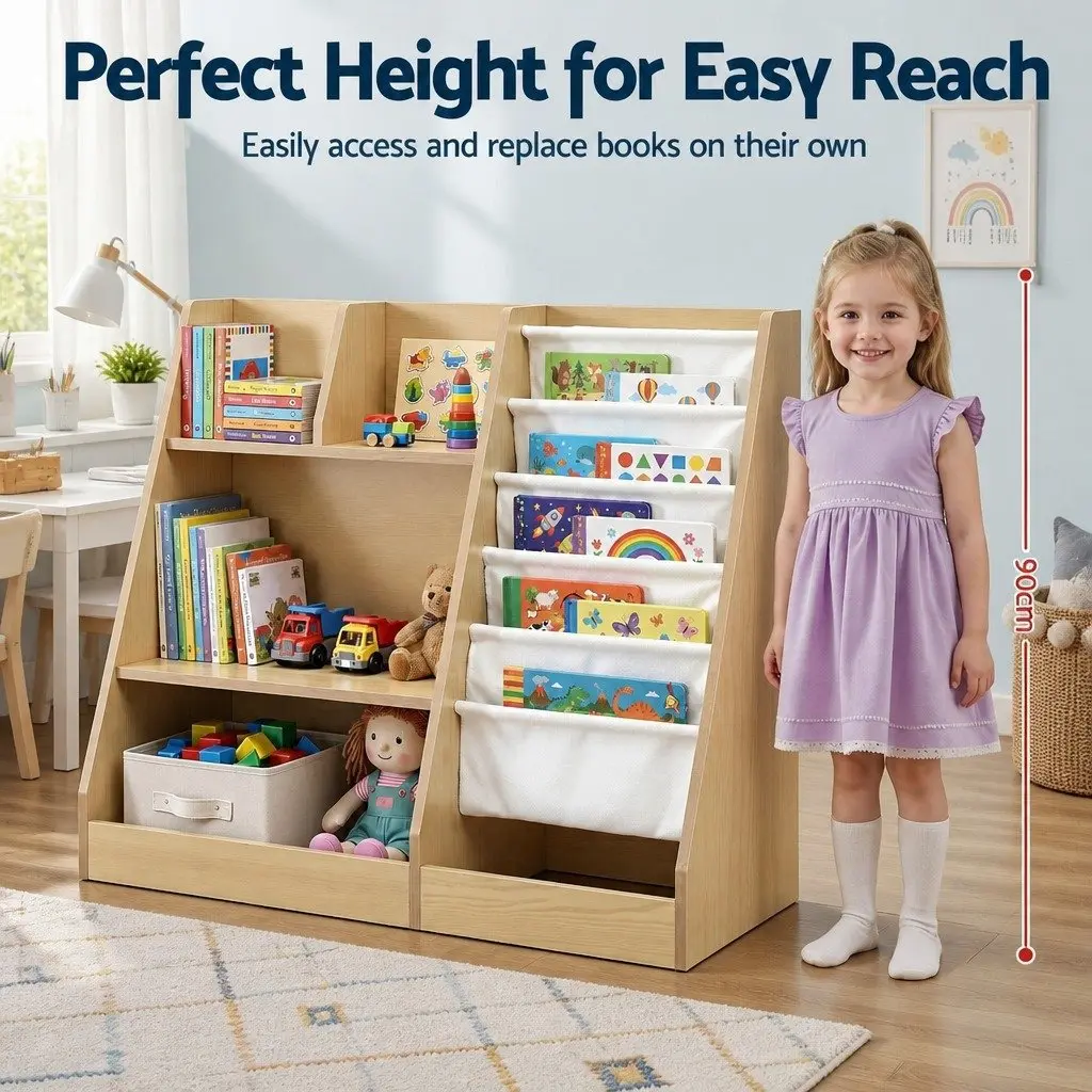 Kids Bookshelf Storage Organizer E1 Grade Melamine 91cm Natural Wood