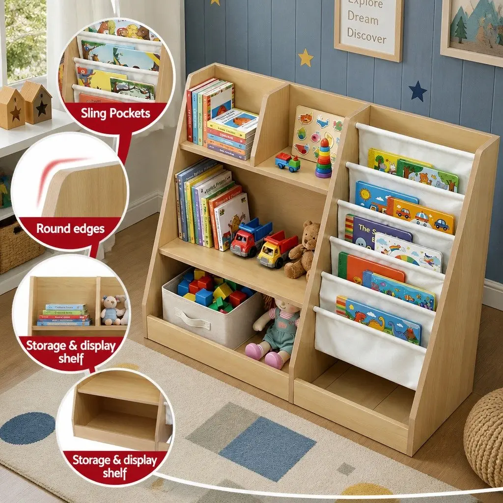 Kids Bookshelf Storage Organizer E1 Grade Melamine 91cm Natural Wood