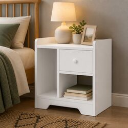 Bedside Table Nightstand with Drawer Open Shelf Storage Side End Table White