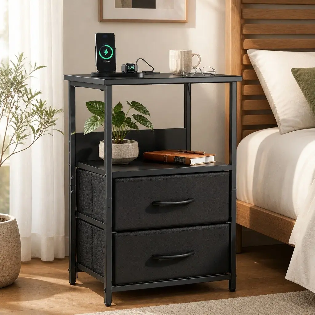 Nightstand with Foldable Drawers and LED Ambiance