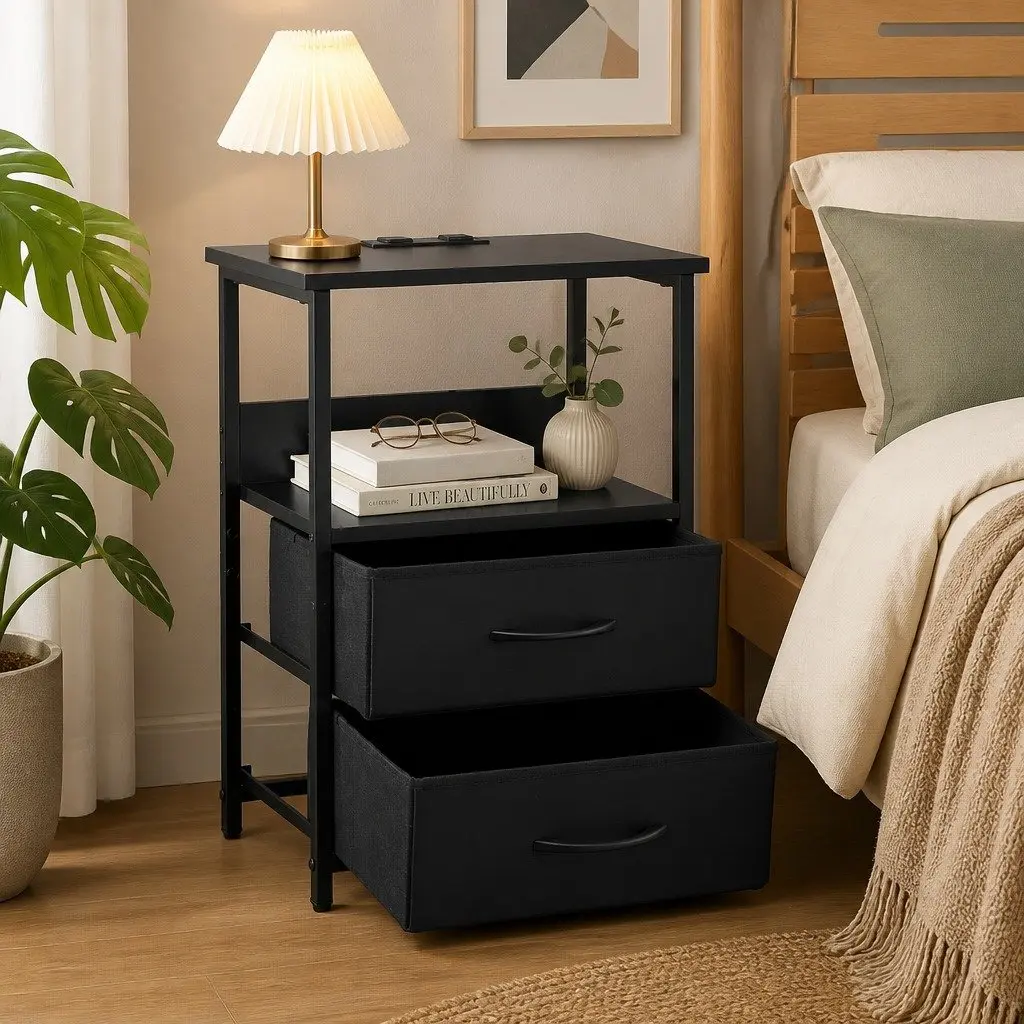 Nightstand with Foldable Drawers and LED Ambiance