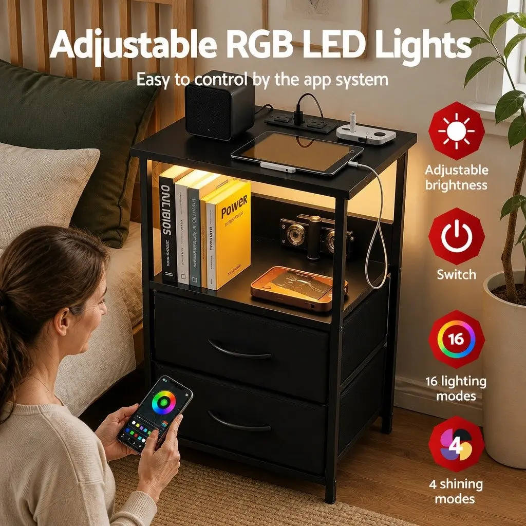 Nightstand with Foldable Drawers and LED Ambiance