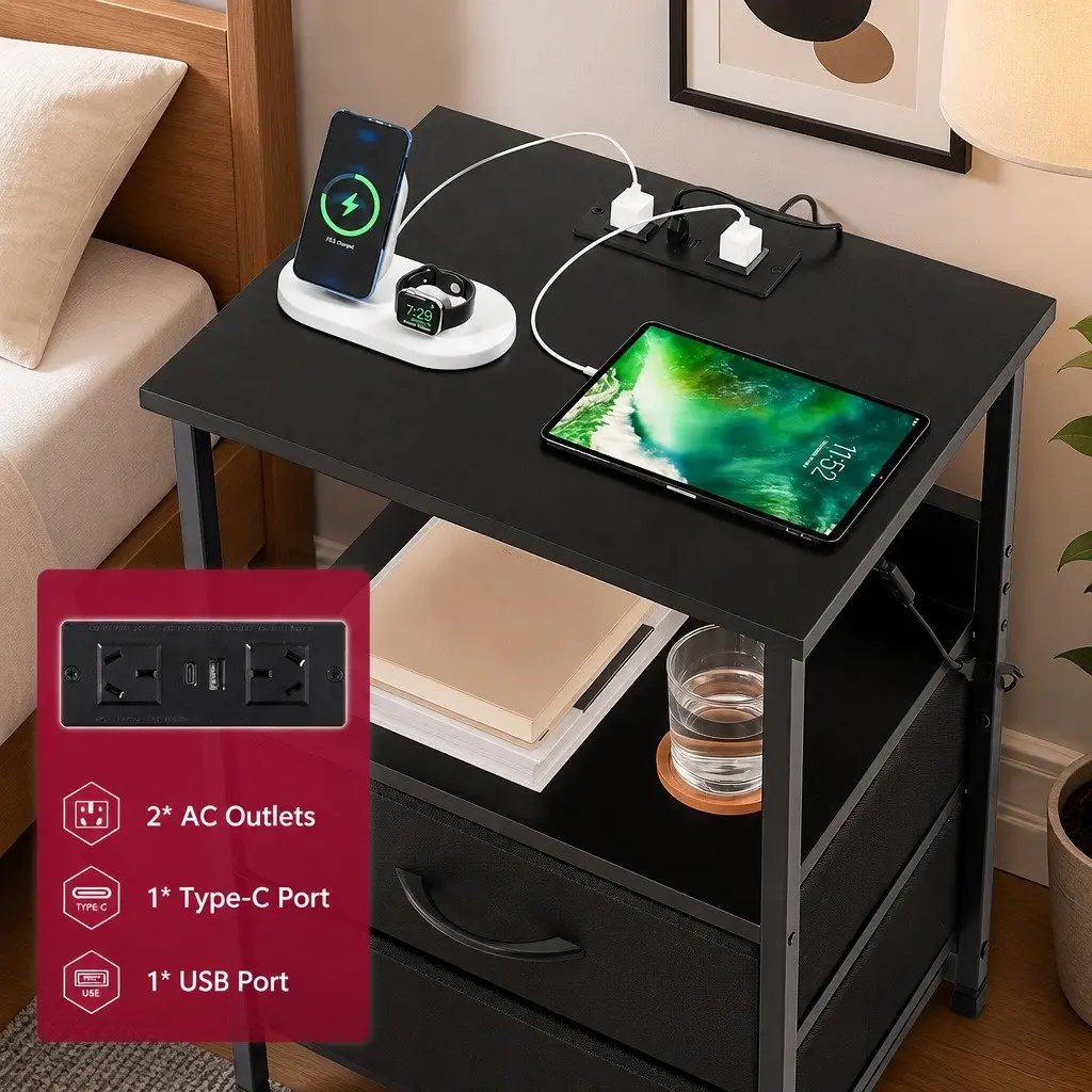Nightstand with Foldable Drawers and LED Ambiance