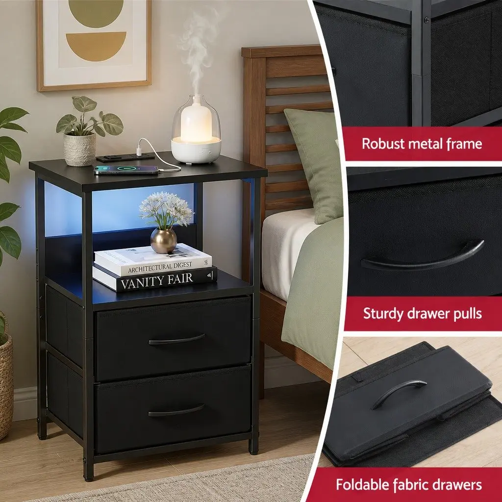 Nightstand with Foldable Drawers and LED Ambiance