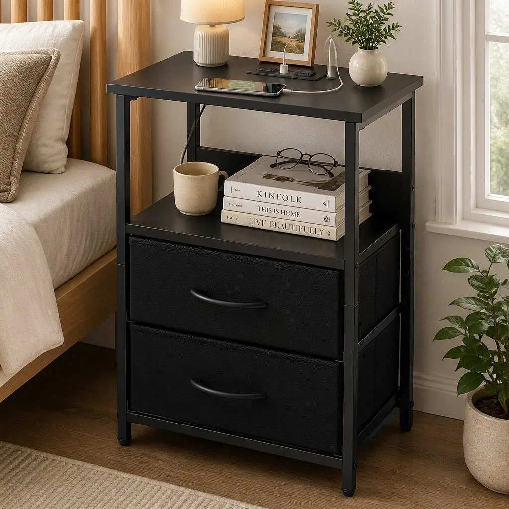 Nightstand with Foldable Drawers and LED Ambiance