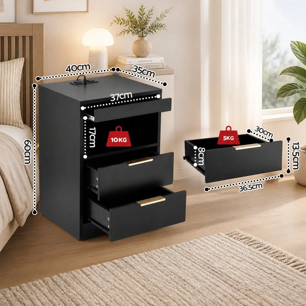Bedside Table Particle Board Black 2 Drawers LED Charging Station
