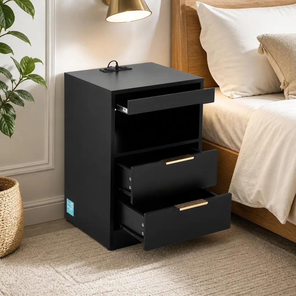 Bedside Table Particle Board Black 2 Drawers LED Charging Station