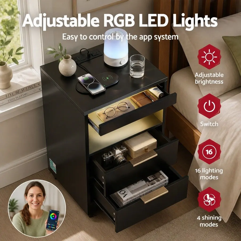 Bedside Table Particle Board Black 2 Drawers LED Charging Station