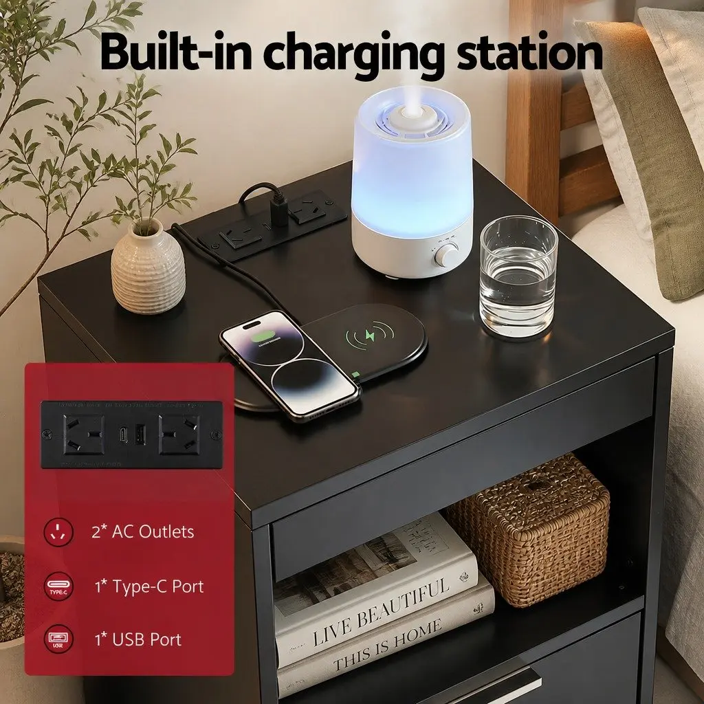Bedside Table Particle Board Black 2 Drawers LED Charging Station
