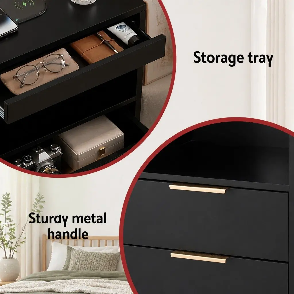 Bedside Table Particle Board Black 2 Drawers LED Charging Station