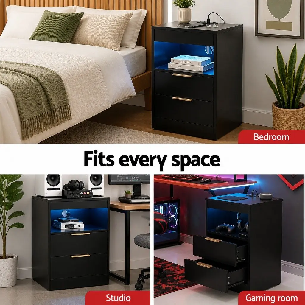 Bedside Table Particle Board Black 2 Drawers LED Charging Station