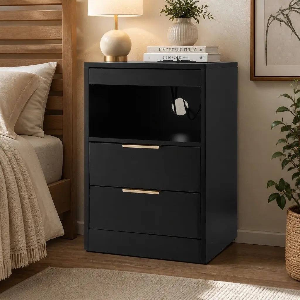 Bedside Table Particle Board Black 2 Drawers LED Charging Station