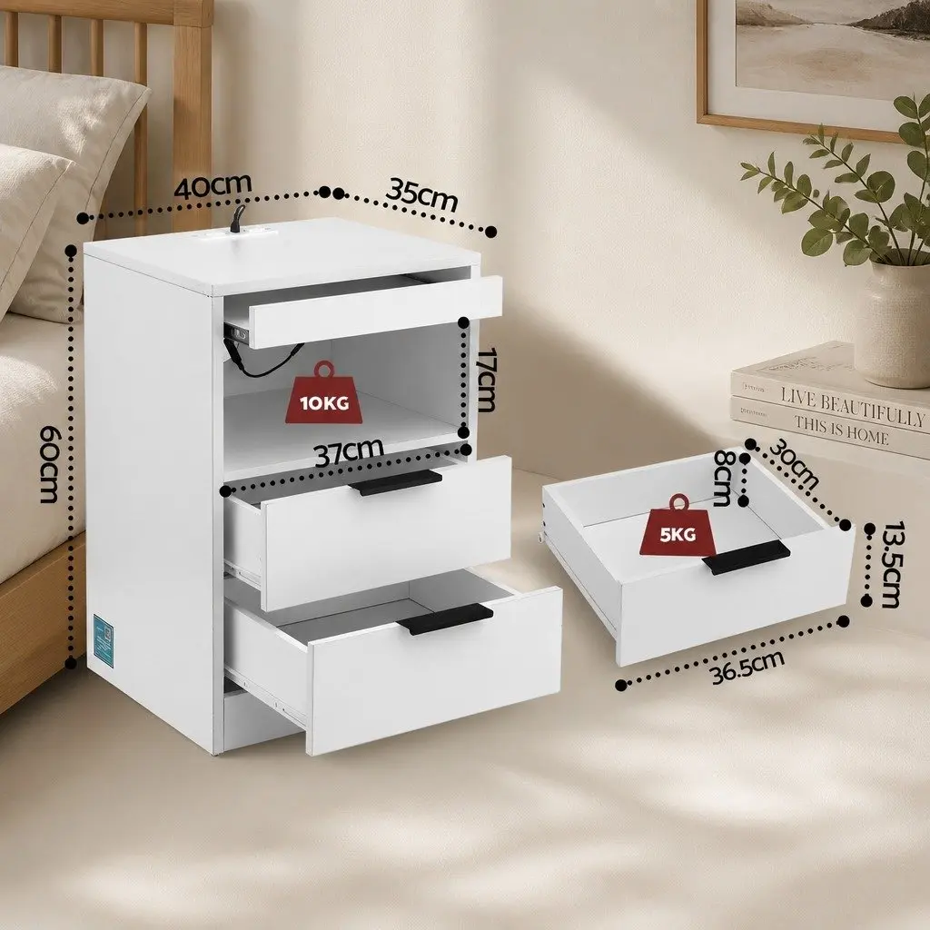 Bedside Table Particle Board White 2 Drawers LED Nightstand Charging Station