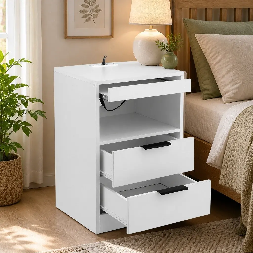 Bedside Table Particle Board White 2 Drawers LED Nightstand Charging Station
