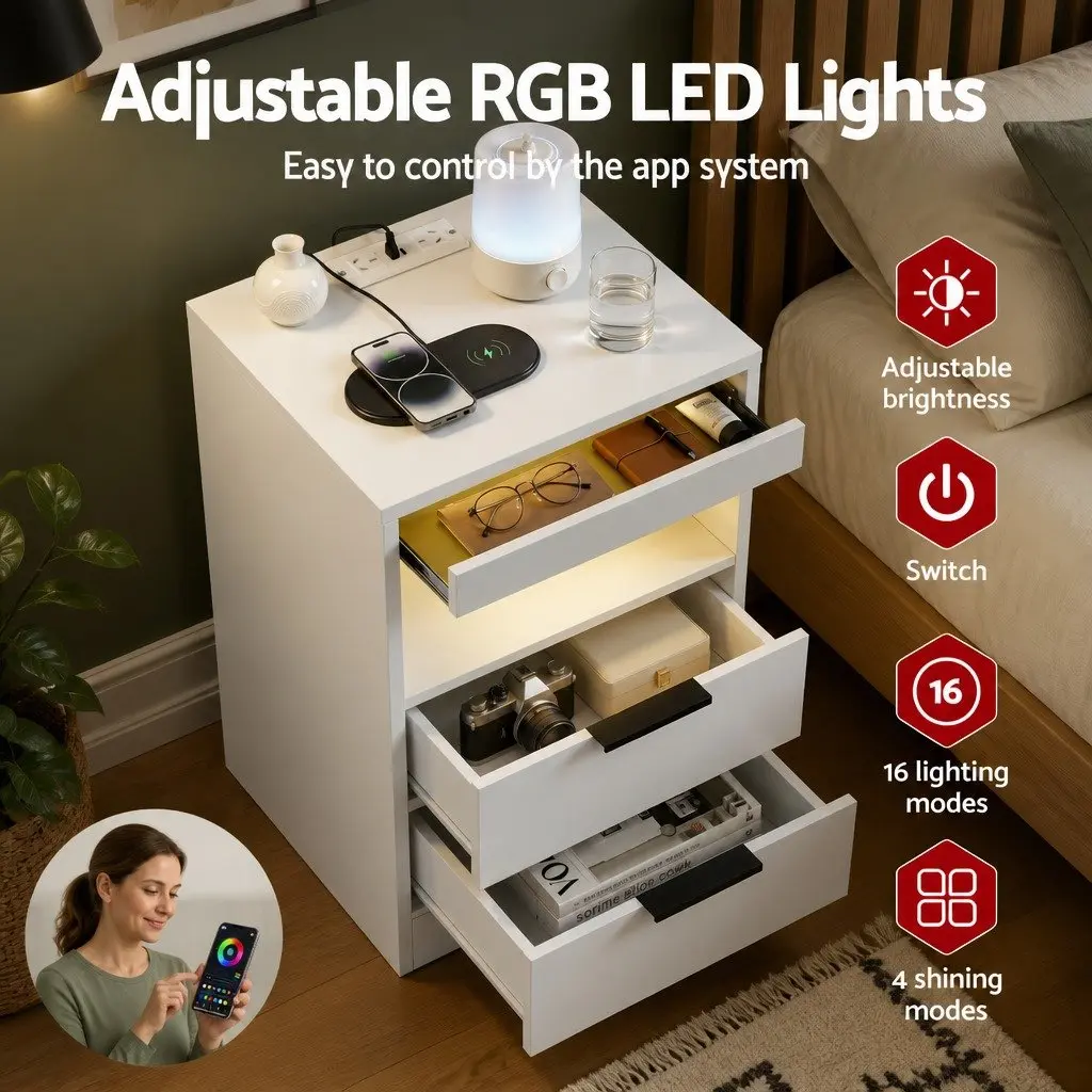 Bedside Table Particle Board White 2 Drawers LED Nightstand Charging Station