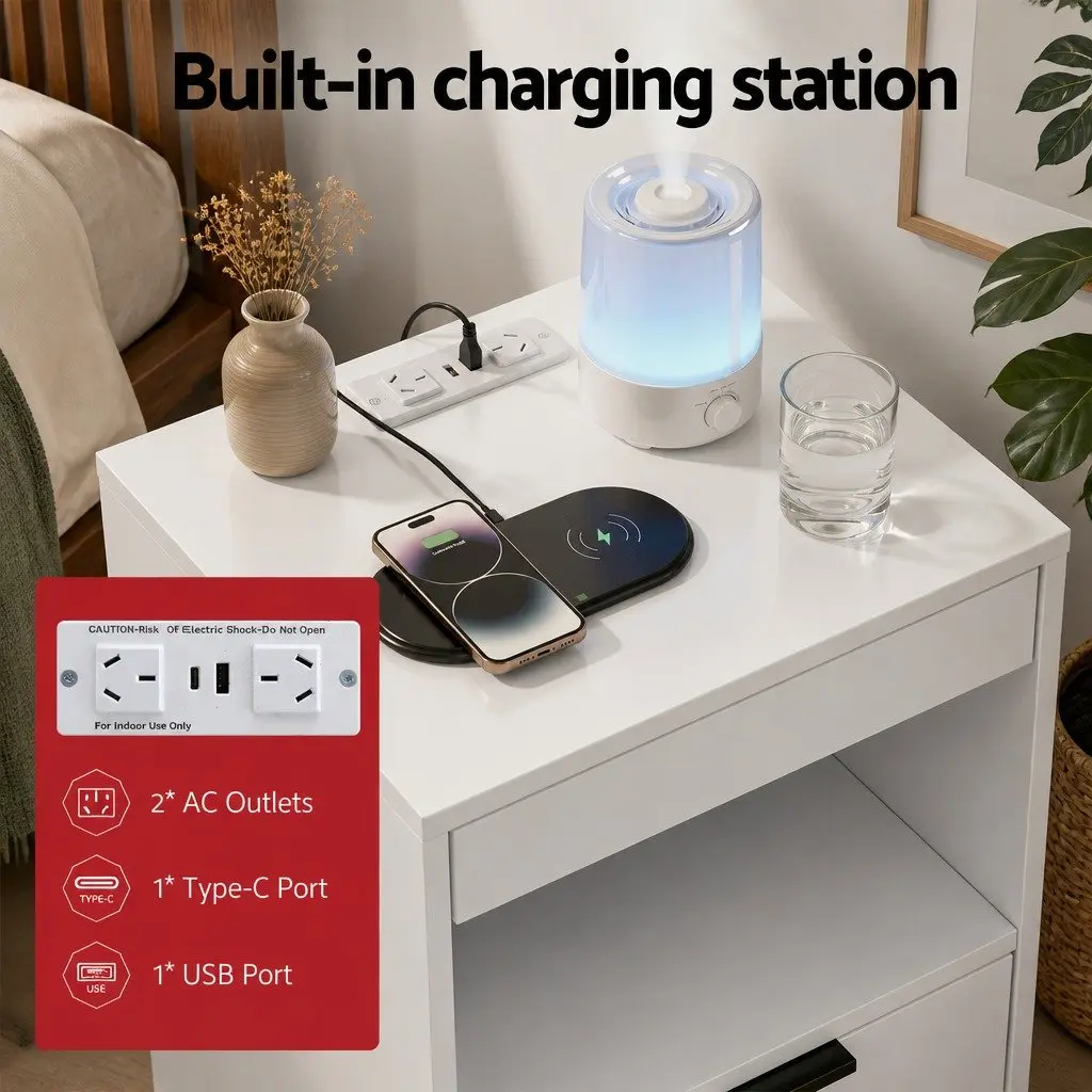 Bedside Table Particle Board White 2 Drawers LED Nightstand Charging Station