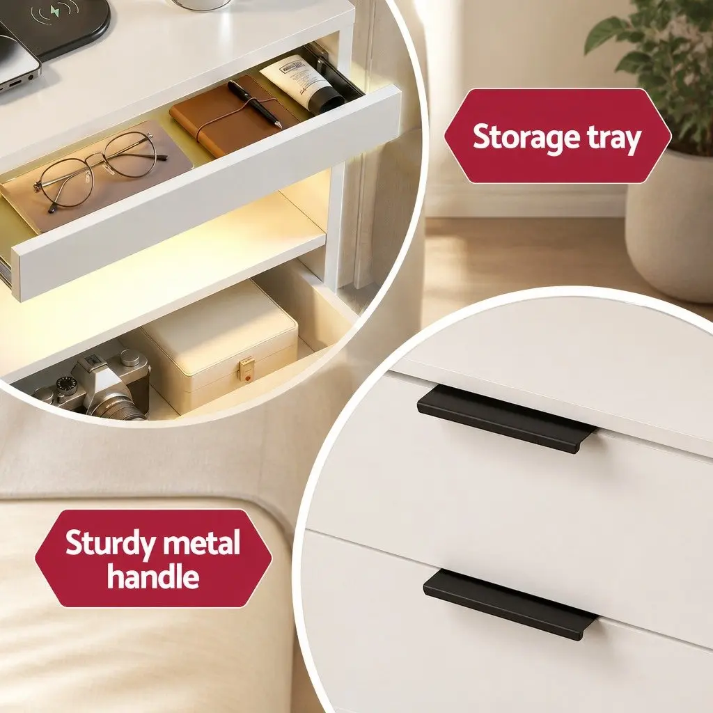 Bedside Table Particle Board White 2 Drawers LED Nightstand Charging Station
