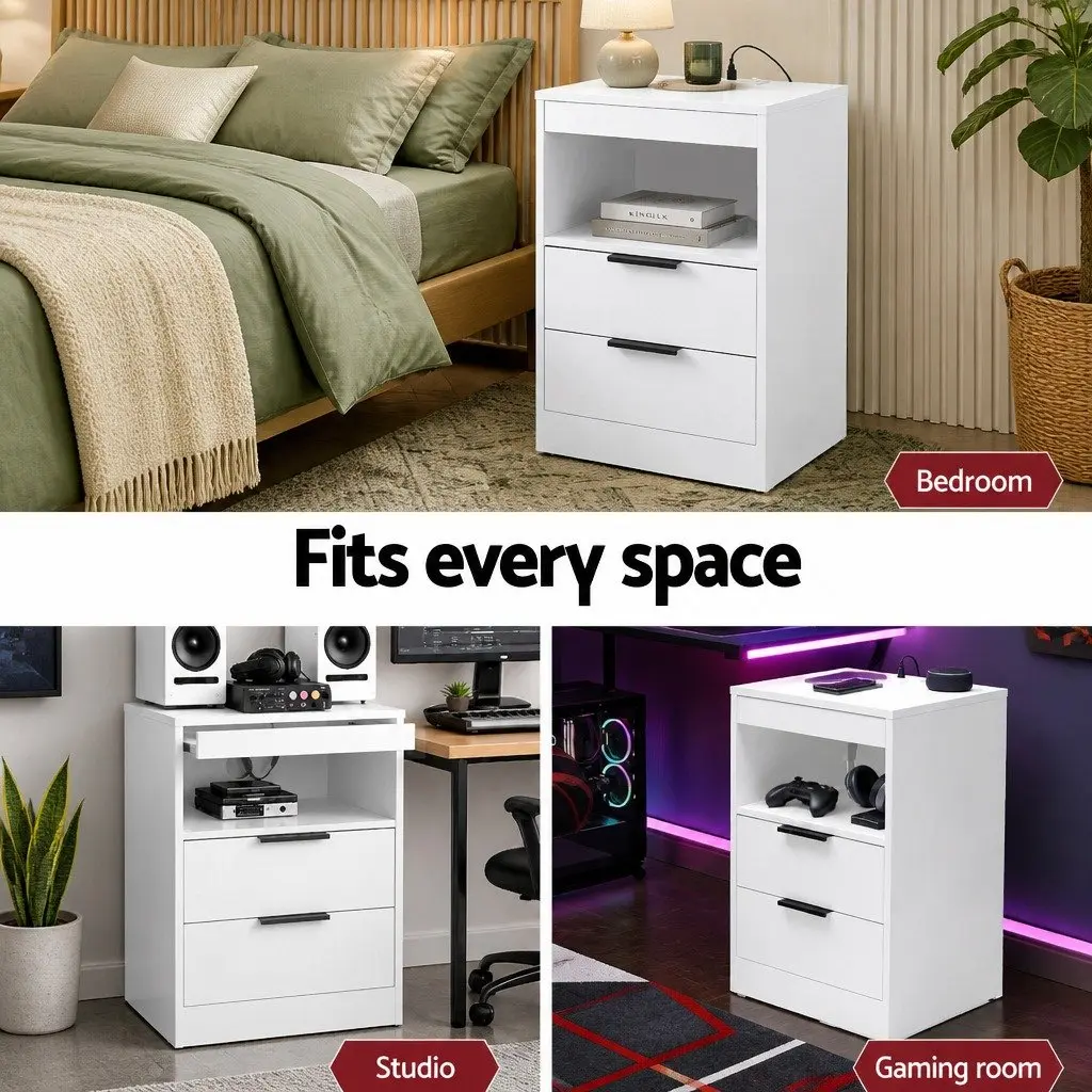 Bedside Table Particle Board White 2 Drawers LED Nightstand Charging Station
