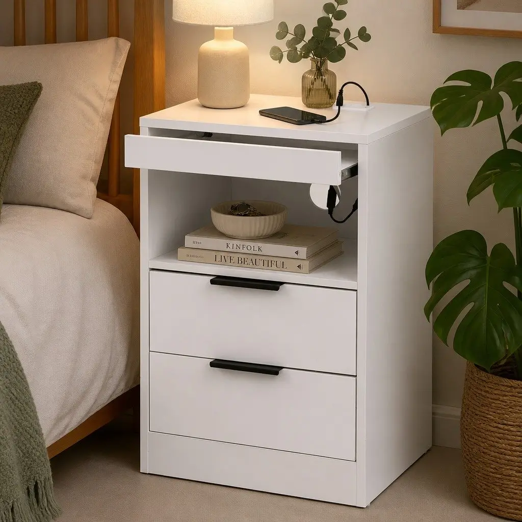 Bedside Table Particle Board White 2 Drawers LED Nightstand Charging Station