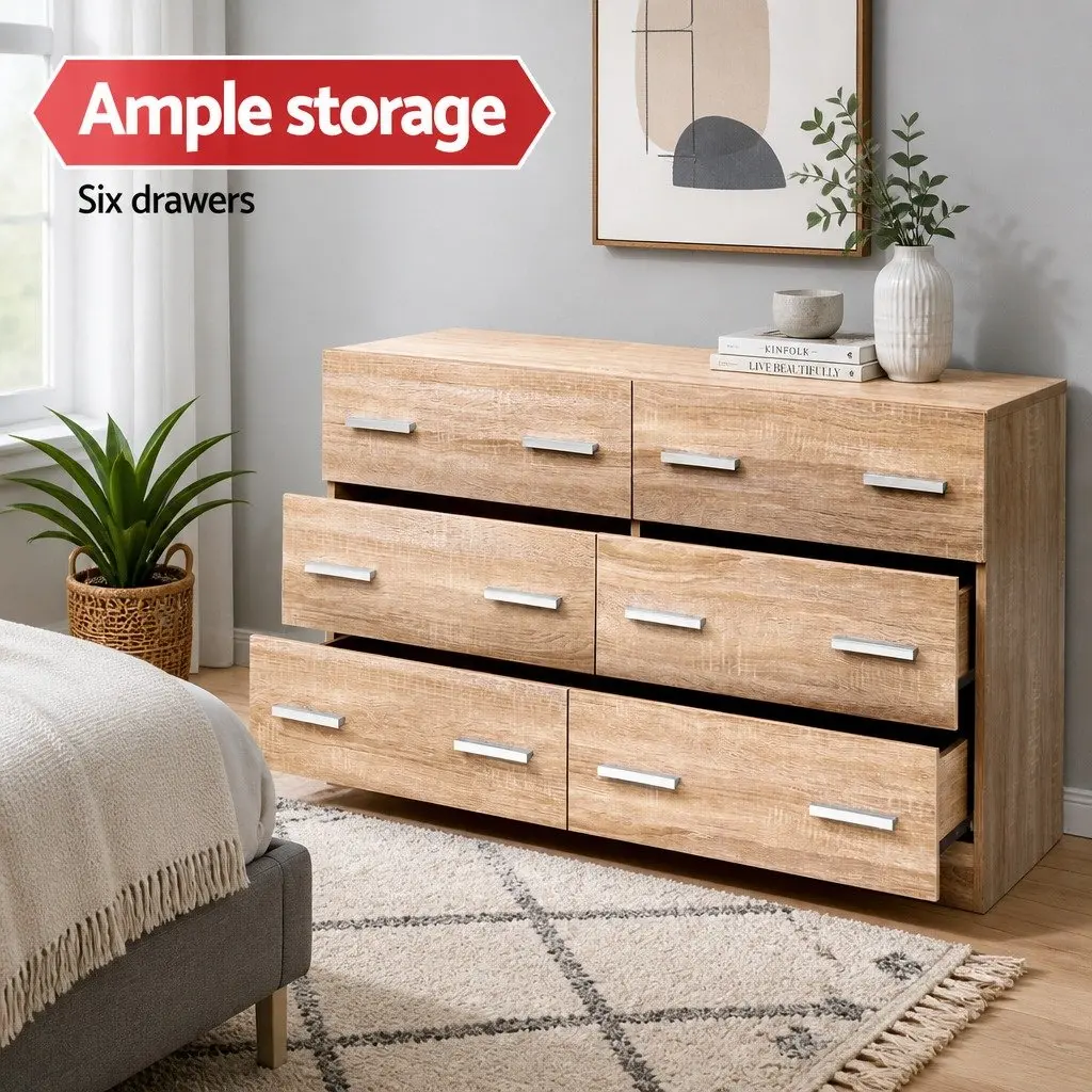 6 Drawer Chest of Drawers Lowboy Bedroom Storage Furniture Pine Wood Dresser