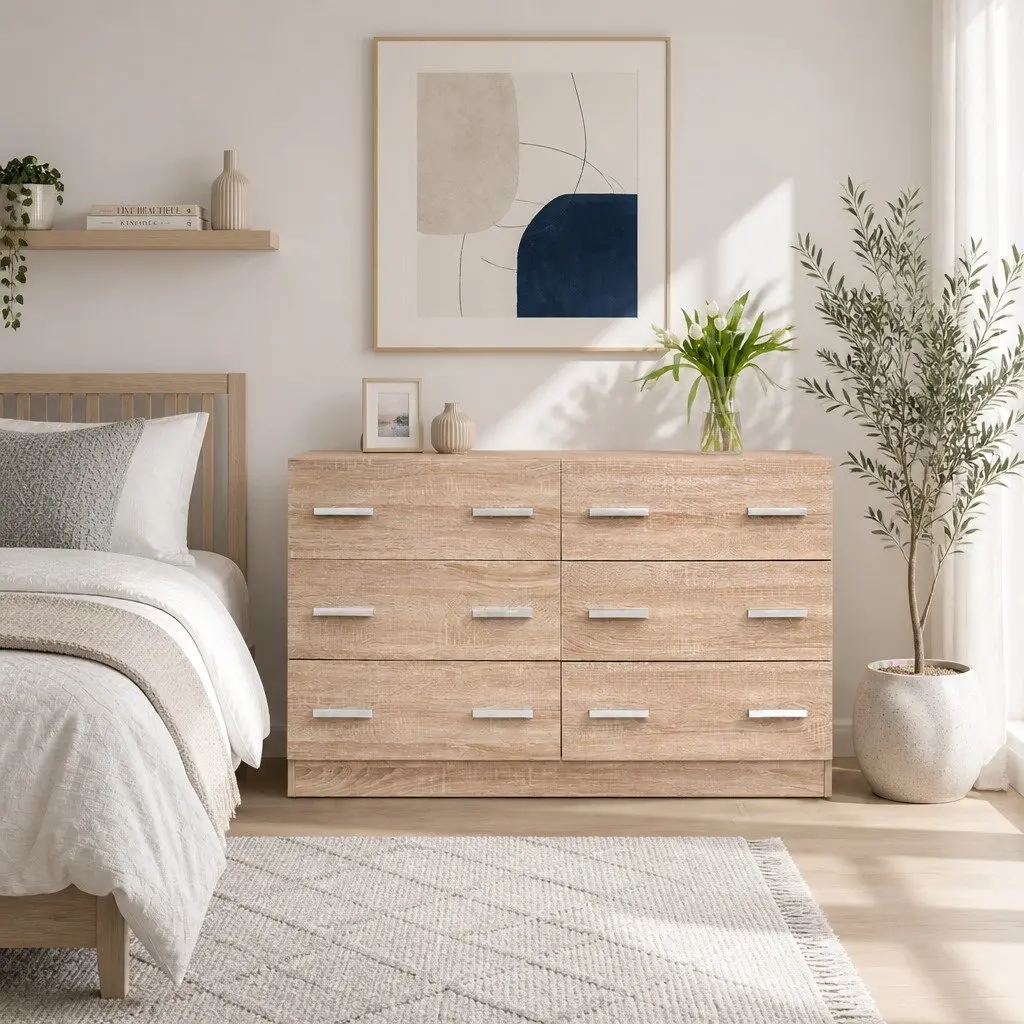 6 Drawer Chest of Drawers Lowboy Bedroom Storage Furniture Pine Wood Dresser