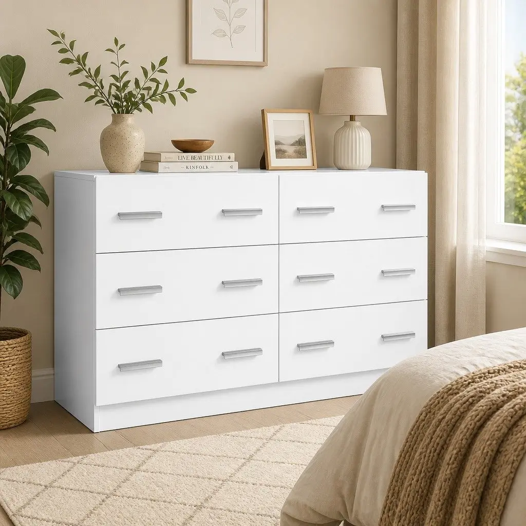 6 Drawer Chest of Drawers Particle Board Melamine White Lowboy Bedroom Storage Cabinet