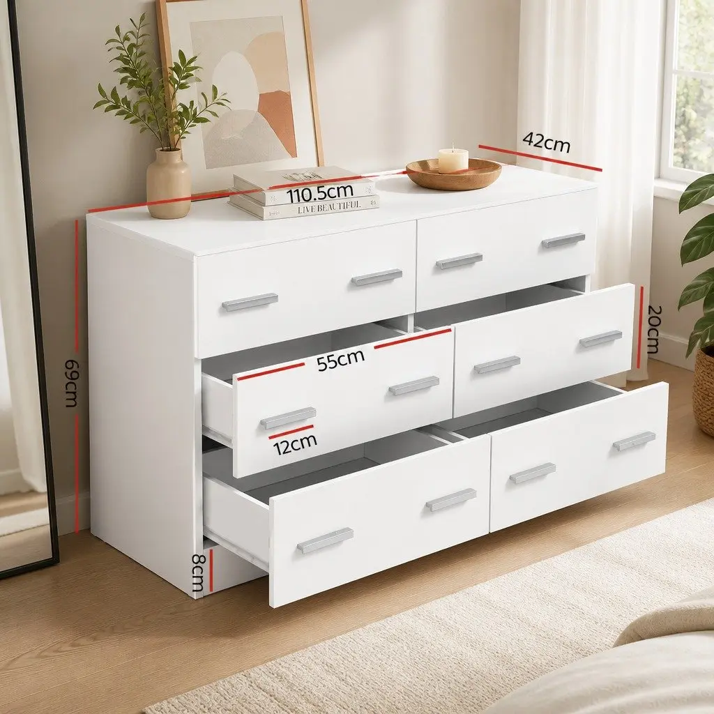6 Drawer Chest of Drawers Particle Board Melamine White Lowboy Bedroom Storage Cabinet
