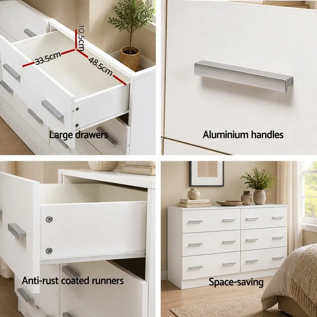 6 Drawer Chest of Drawers Particle Board Melamine White Lowboy Bedroom Storage Cabinet