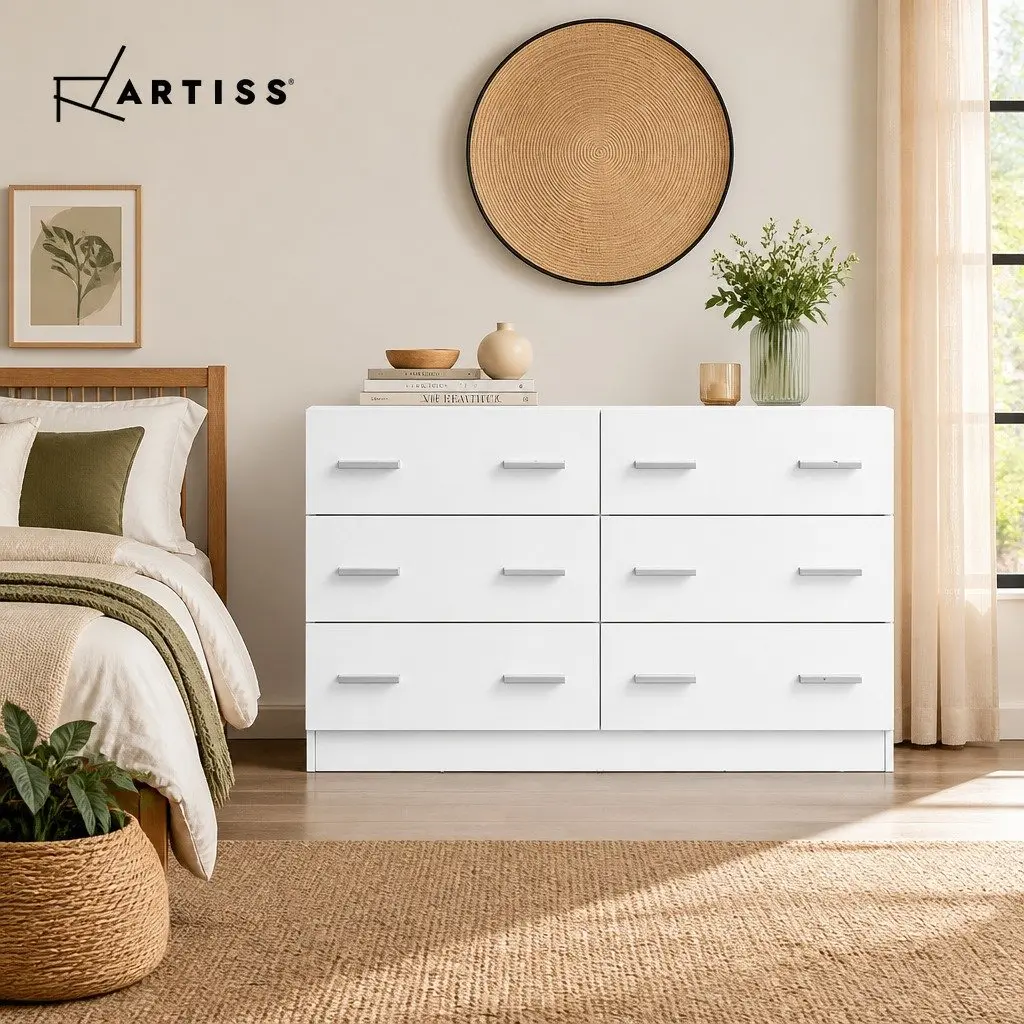 6 Drawer Chest of Drawers Particle Board Melamine White Lowboy Bedroom Storage Cabinet