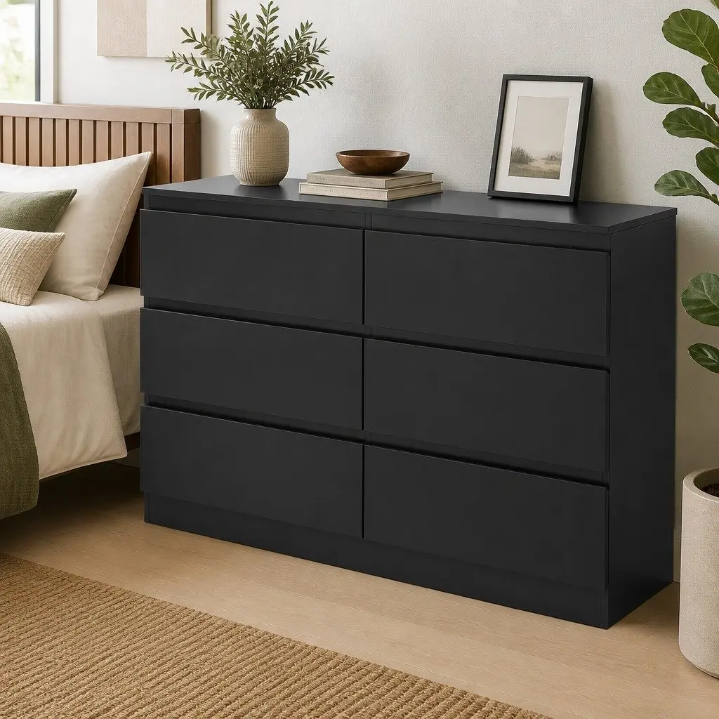 6 Drawer Chest of Drawers Black High-Density Particle Board Melamine 120cm x 82cm x 39cm