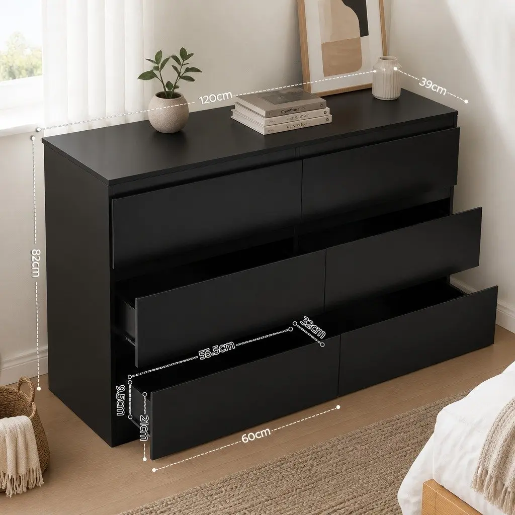 6 Drawer Chest of Drawers Black High-Density Particle Board Melamine 120cm x 82cm x 39cm