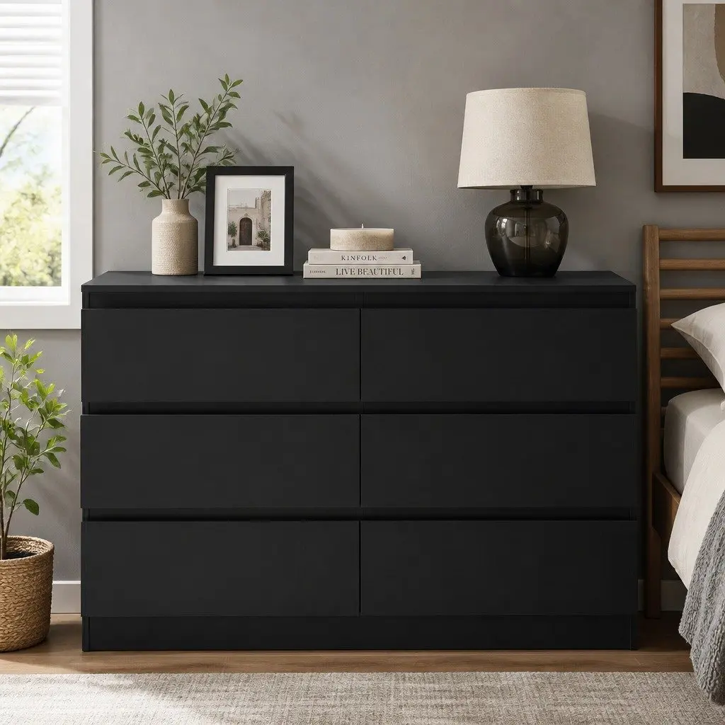 6 Drawer Chest of Drawers Black High-Density Particle Board Melamine 120cm x 82cm x 39cm