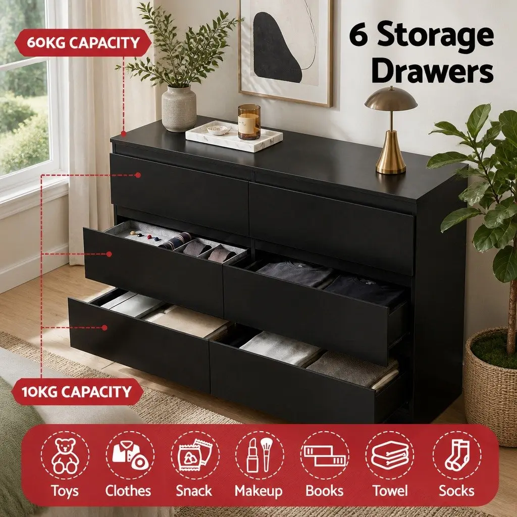 6 Drawer Chest of Drawers Black High-Density Particle Board Melamine 120cm x 82cm x 39cm