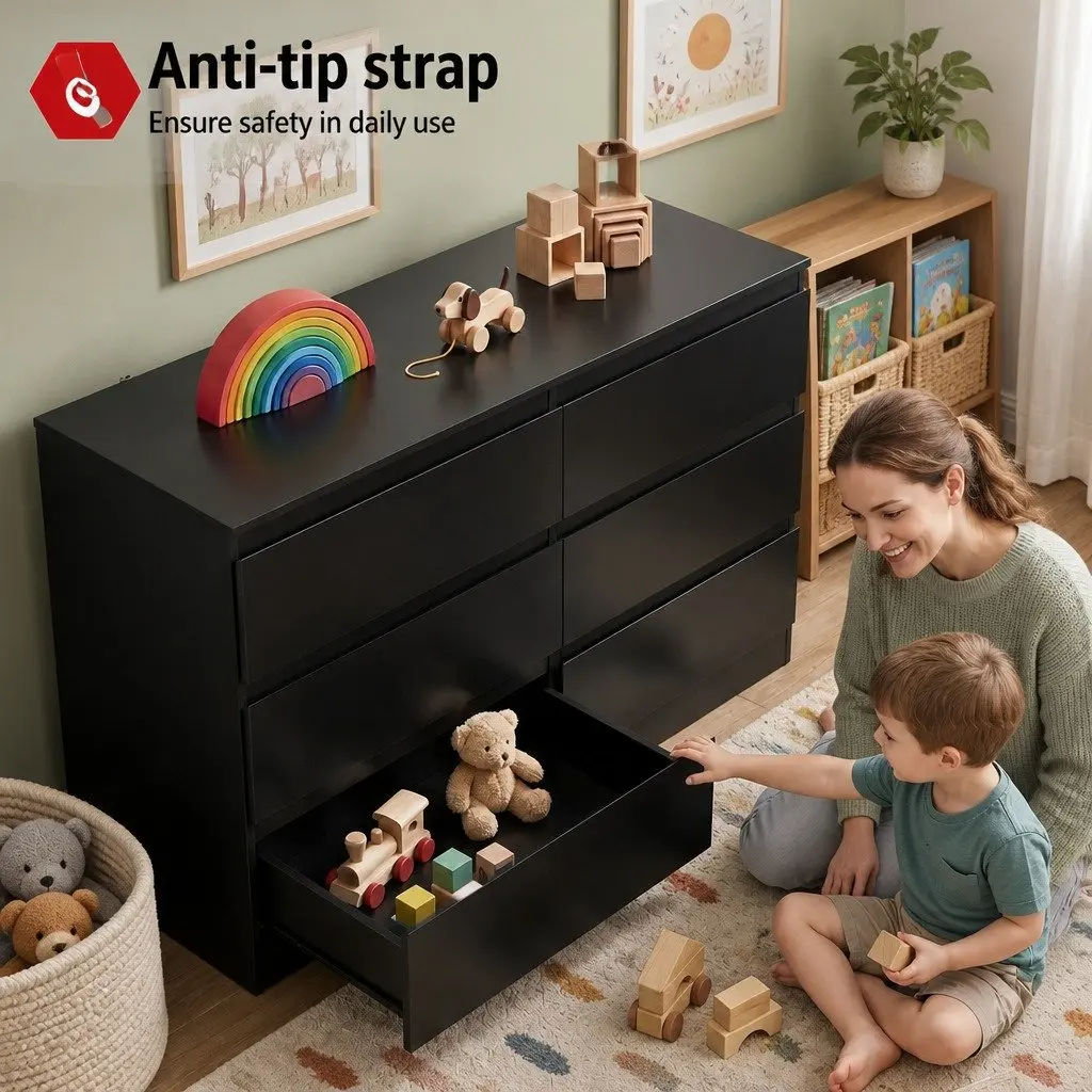 6 Drawer Chest of Drawers Black High-Density Particle Board Melamine 120cm x 82cm x 39cm
