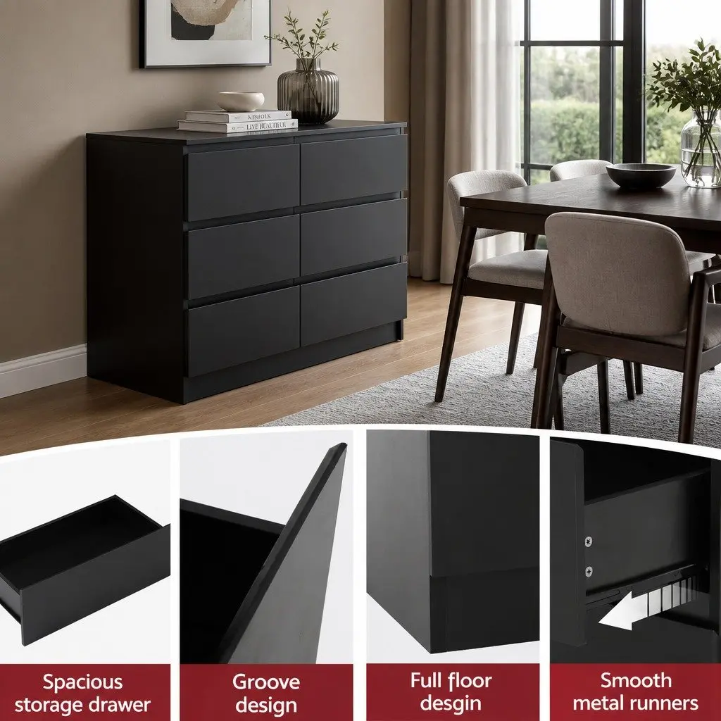 6 Drawer Chest of Drawers Black High-Density Particle Board Melamine 120cm x 82cm x 39cm